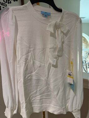 Auction tonight at 7:30pm CeCe White Sheer-Sleeve Tie-Neck Sweater